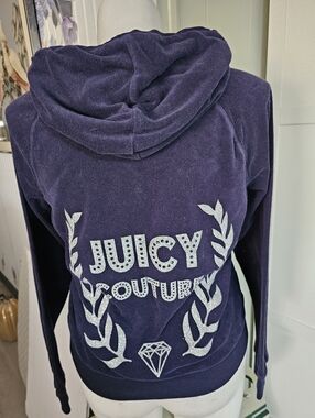 Vtg Juicy Couture Navy Velour Hoodie Zip Up Bling Rhinestone Y2K McBling XL EUC